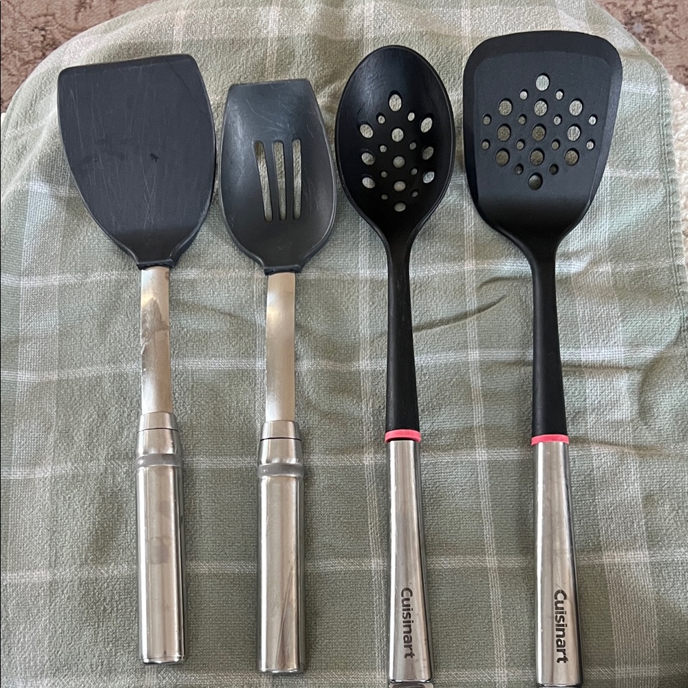 2 Cuisinart and 2 Pampered Chef Black and Silver Utensil Collection
